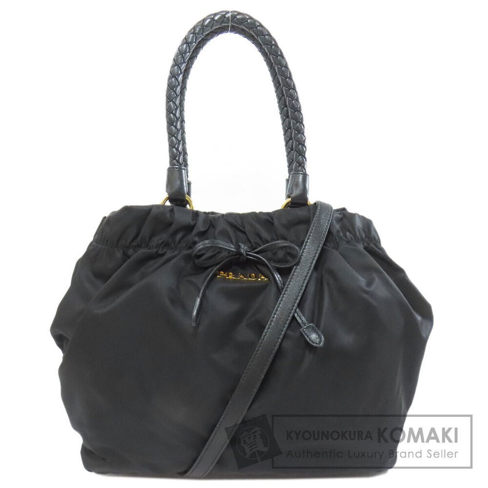 Prada Tessuto leather 2way tote bag black braided handles
